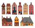Vintage stone Europe houses. Set of old style building facades. Hand drawn outline vector sketch illustration